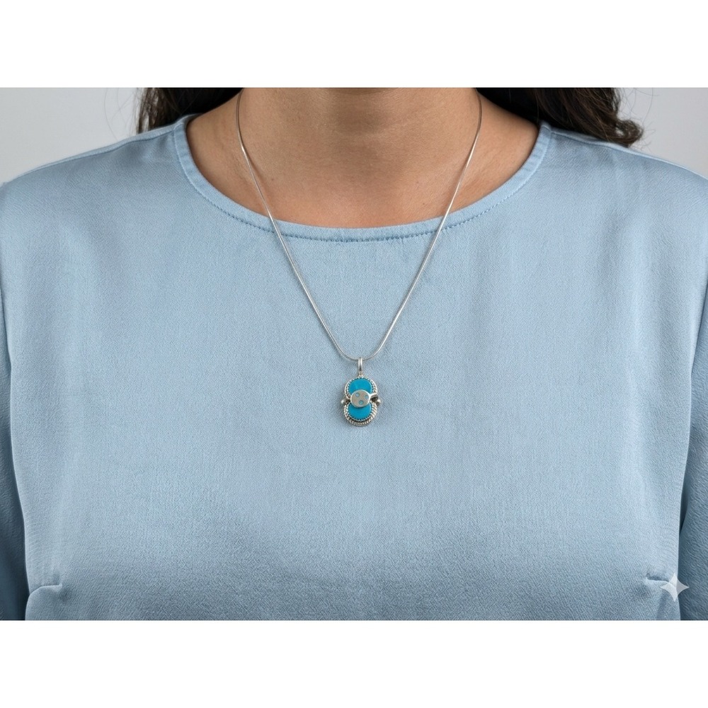 Zuni Snake Eye Turquoise Pendant Necklace Sterling Silver Chain 24in Jewelry**